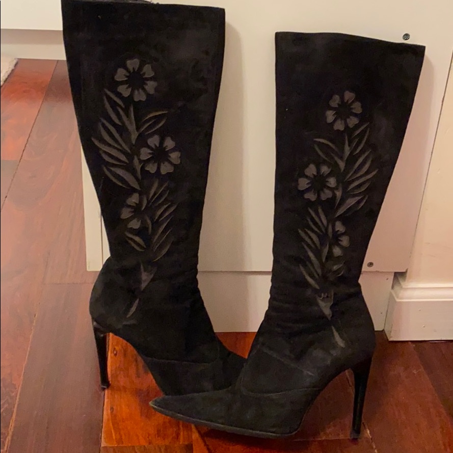 Black Floral Suede Knee-High Heeled Boots
